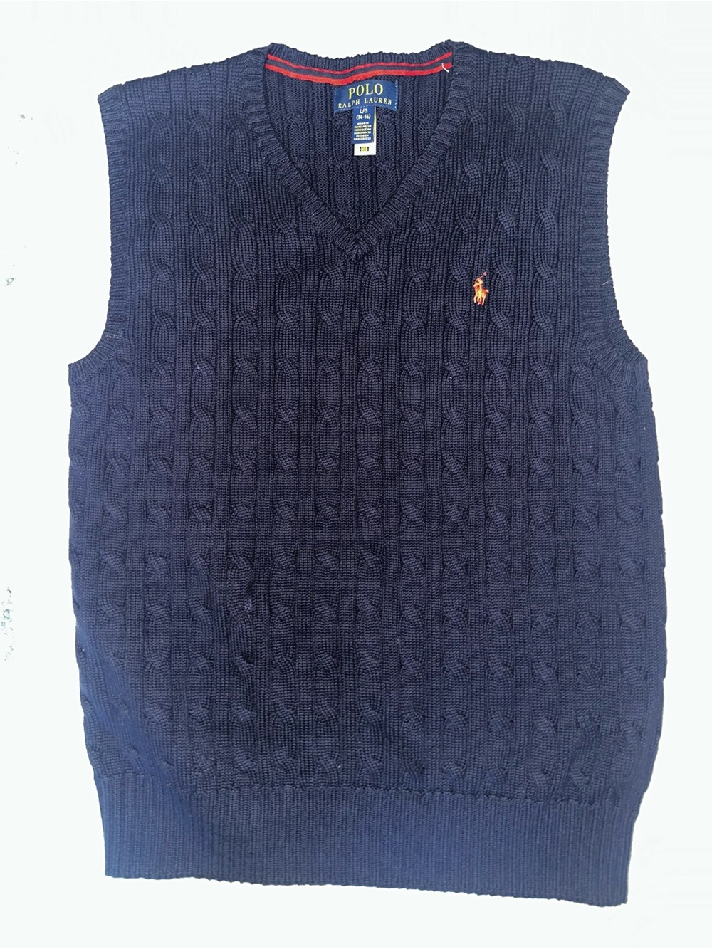 Polo by Ralph Lauren Navy Cable-Knit V-Neck Sweater Vest with Orange Pony